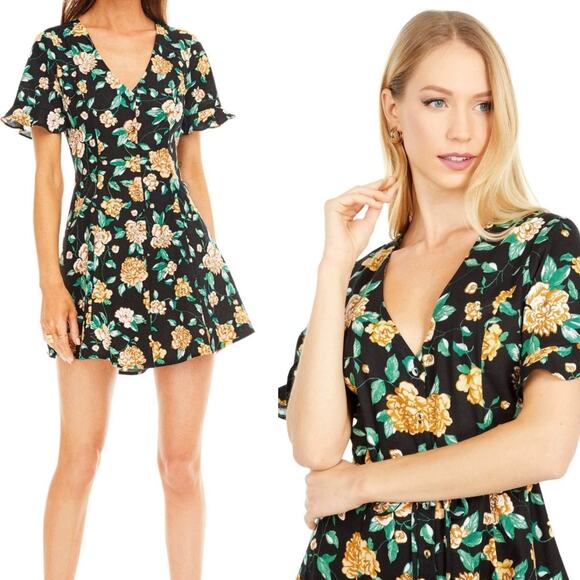 Revolve x ASTR the label Morgan Dress in Black & Marigold Floral Mini Dress 90s - Picture 1 of 7